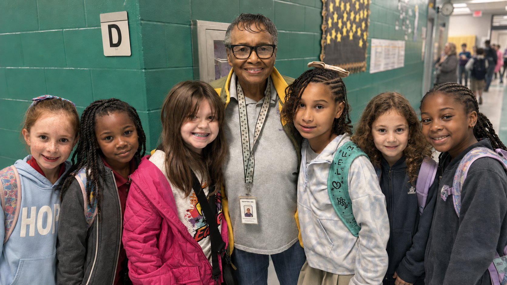 Mary Shankle Grant with her students in the school hallway